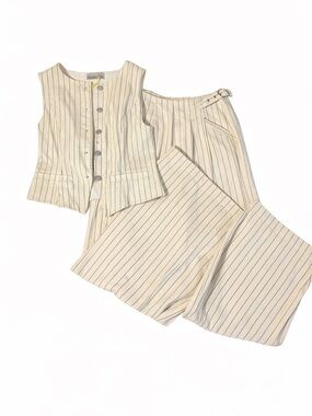 Sleeveless Pinstripe Wide-Leg Pants & Vest Set in Cream - Unbranded